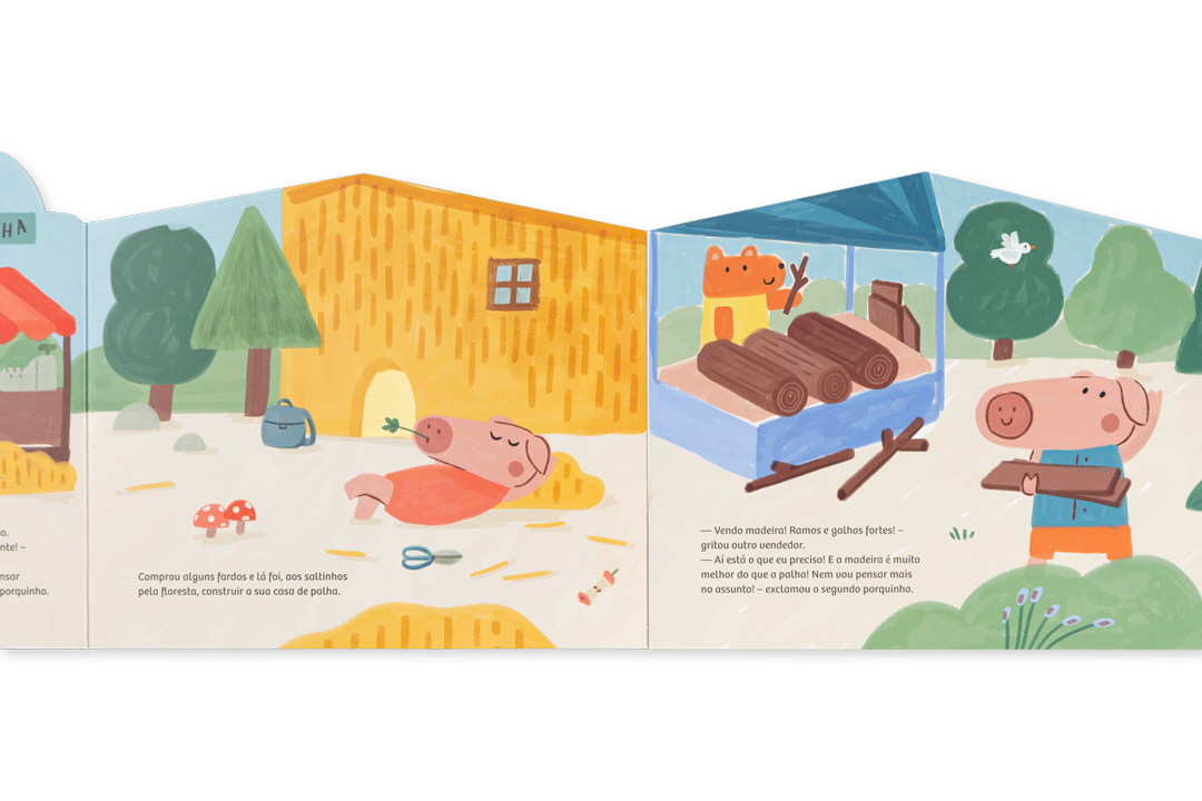 Páginas interiores do livro acordeão Os Três Porquinhos com o lobo