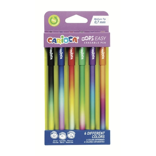 Conjunto de 6 canetas apagáveis Carioca OOPS Easy em várias cores vibrantes, com ponta média de 0.7 mm, embaladas num blister.