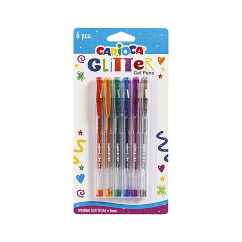 Embalagem blister com 6 canetas de gel glitter Carioca, em cores sortidas vibrantes como vermelho, laranja, verde, azul, roxo e prateado, prontas para criar efeitos brilhantes.