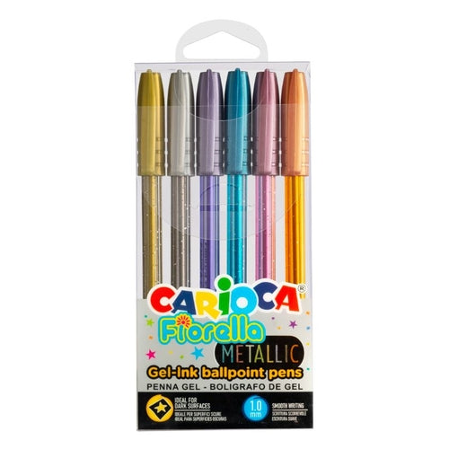 Blister com 6 canetas de gel CARIOCA Fiorella Metallic de 1MM em cores sortidas: dourado, prateado, roxo, azul, rosa e cobre, ideais para superfícies escuras.