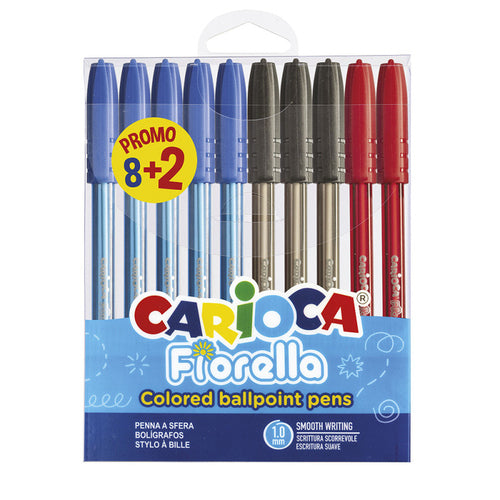 Blister promocional de 10 canetas esferográficas Carioca Fiorella 1MM em sortido de cores azul, preto e vermelho, com a indicação "PROMO 8+2".