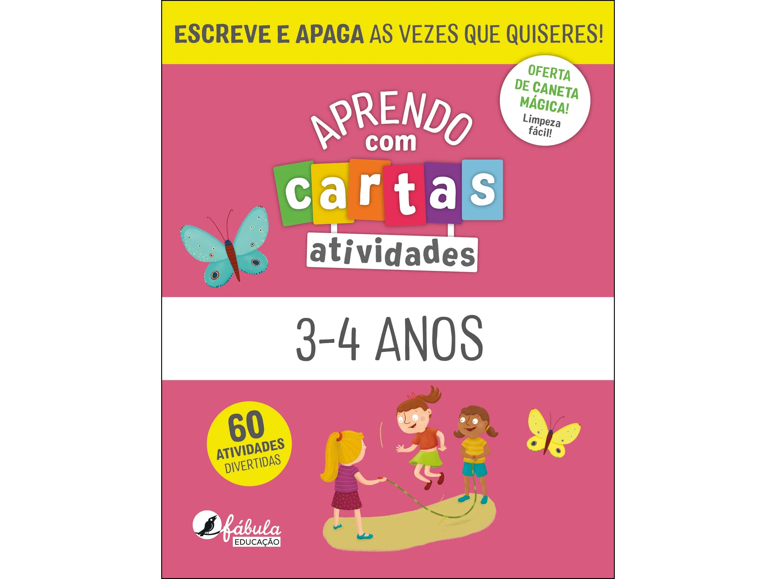 Caixa do jogo educativo 'Fábula Aprendo com Cartas - Atividades 3-4 anos', mostrando ilustrações de crianças e destacando as 60 atividades 'escreve e apaga'.