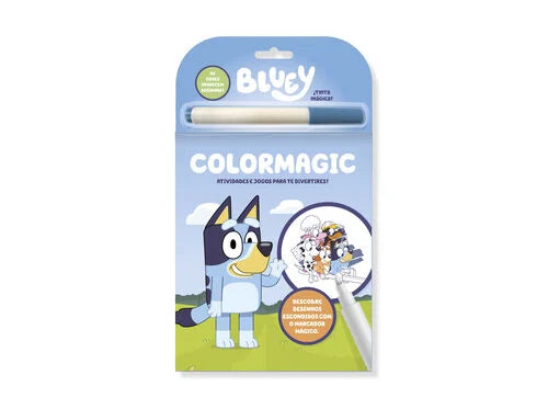 Embalagem do conjunto de atividades Totum Bluey Colormagic com marcador mágico, mostrando a personagem Bluey e um desenho a ser revelado.