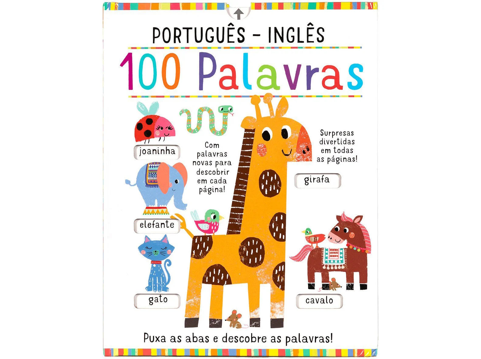 Capa frontal do Livro 100 Palavras - Português - Inglês, ilustrada com uma girafa e outros animais coloridos, destacando as abas interativas para descobrir vocabulário.