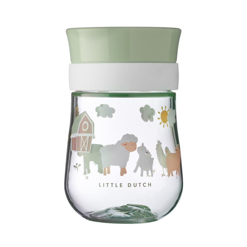 Copo de treino aprendizagem aberto 360º Little Dutch Mepal Little Farm 300ml, com design de ovelha, celeiro e sol, e tampa verde-menta.