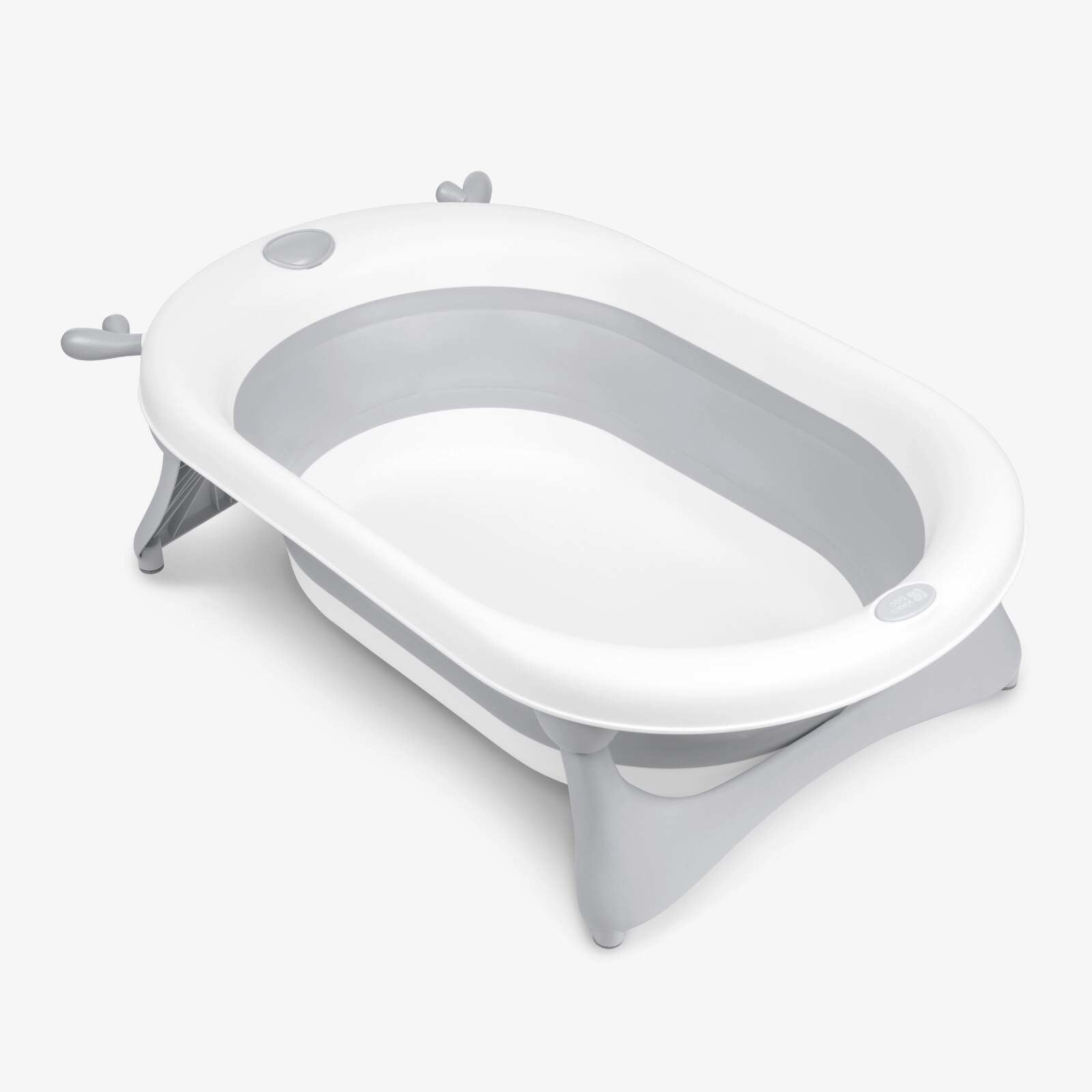 Banheira dobrável Kikkaboo Foldy Grey aberta, mostrando o design espaçoso e a cor cinza e branca neutra.