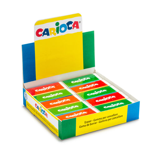 Caixa expositora com doze borrachas grandes Carioca Brracha para lápis, embaladas individualmente em invólucros coloridos, prontas para venda.