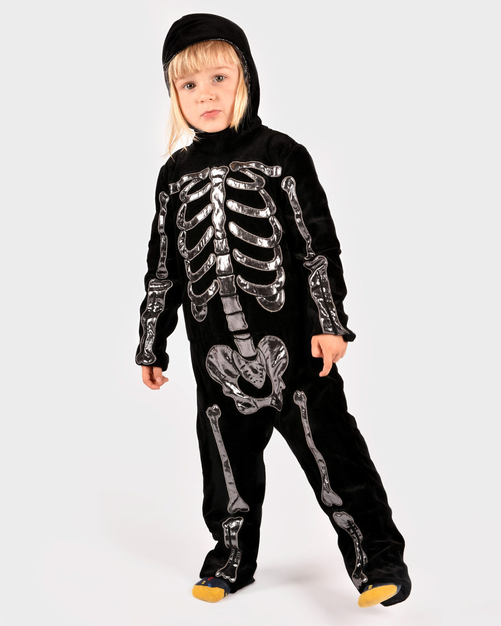 Macacão de esqueleto preto com capuz da Den Goda Fen, disfarce de Halloween para criança