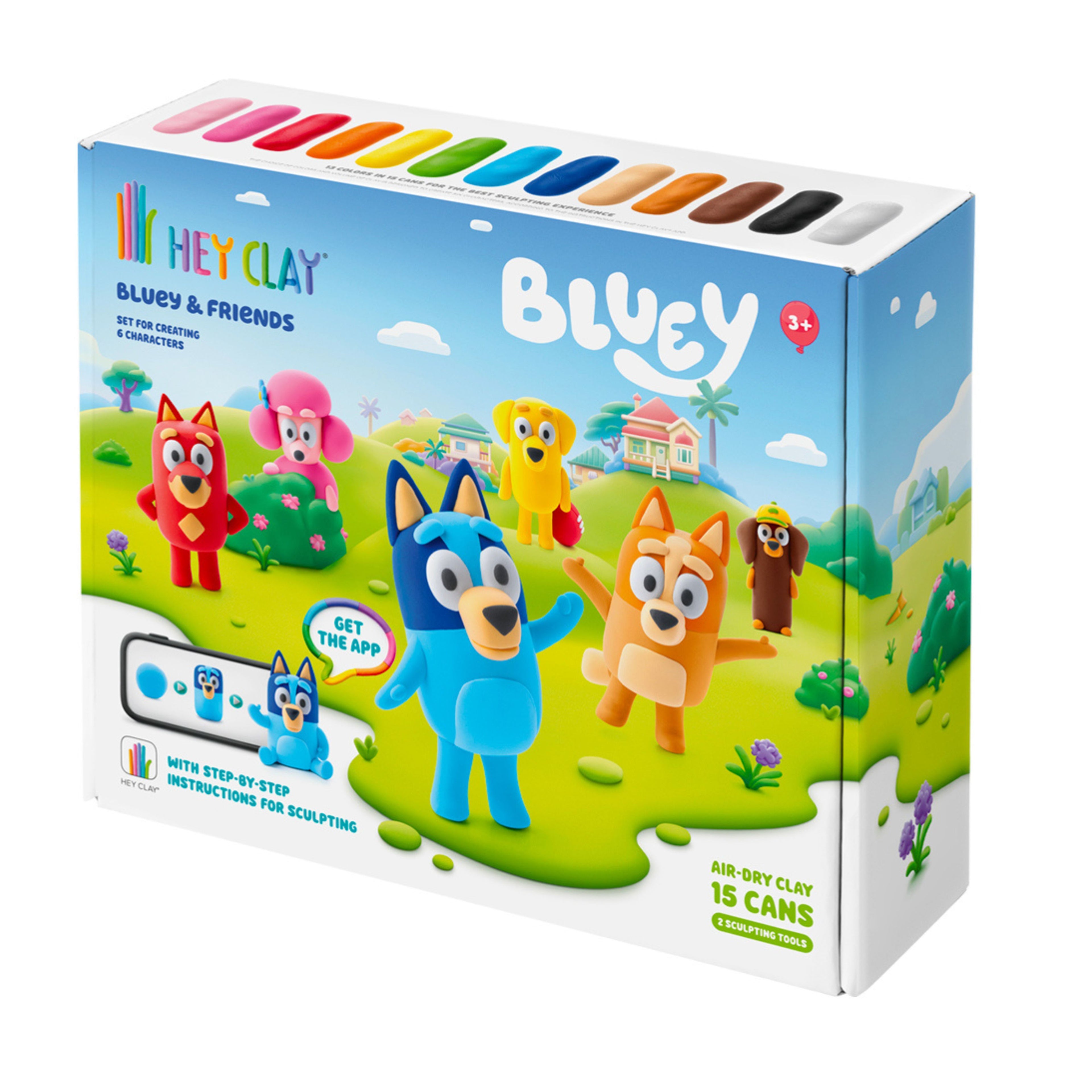 Caixa do conjunto HEY CLAY - Conjunto de Pasta de Modelar Bluey e Amigos, mostrando a Bluey, Bingo e outros personagens modelados, com a indicação "3+" e "15 cans, 2 sculpting tools".