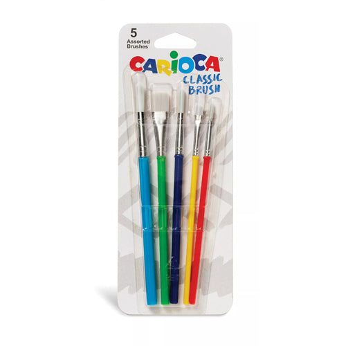 Conjunto de 5 pincéis Carioca Classic com cerdas de nylon e cabos coloridos, em embalagem transparente.