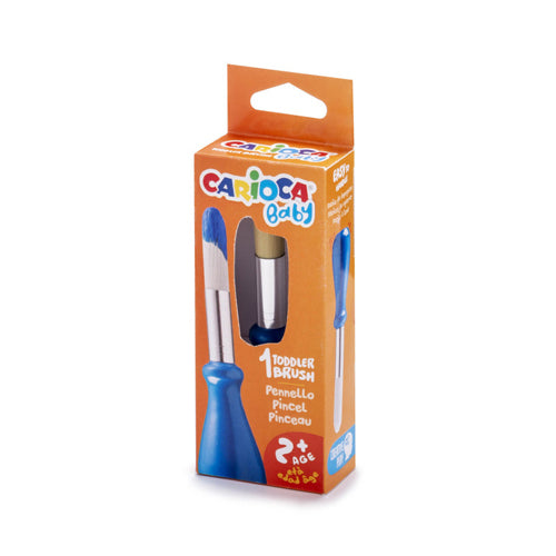 Carioca Baby Pincel Ergonómico azul em embalagem, destacando o cabo robusto e a indicação de idade 2+.