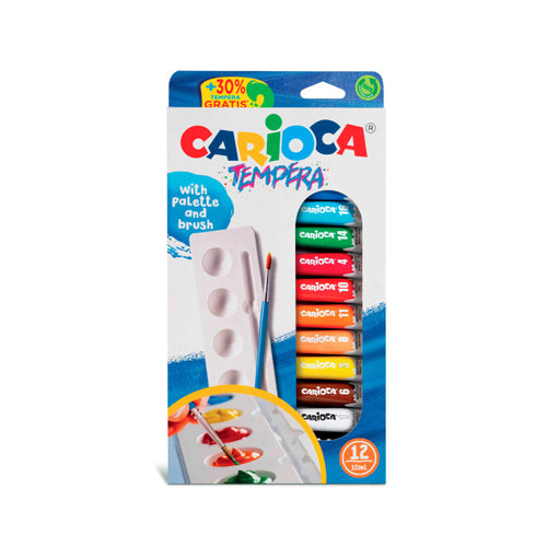 Conjunto de pintura Carioca com 12 tubos de guache extra-fino de 10ml, incluindo um pincel e uma paleta, apresentado na sua embalagem original.