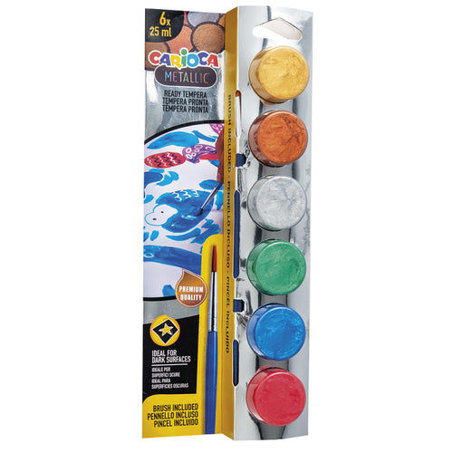 Embalagem do conjunto de guache metálico Carioca Metallic com 6 frascos de 25ml e um pincel, mostrando cores como dourado, cobre e prateado.