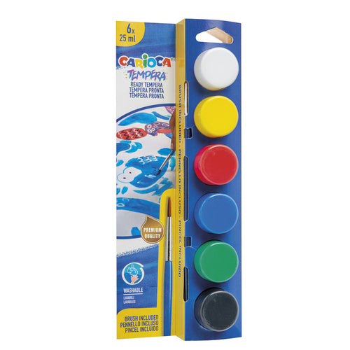 Embalagem do conjunto de guache Carioca Tempera com 6 frascos de 25ml e um pincel, exibindo cores básicas como branco, amarelo, vermelho, azul, verde e preto.