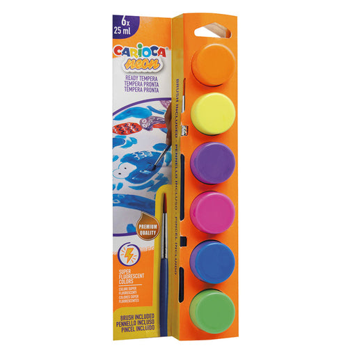 Embalagem do conjunto de guache fluorescente Carioca Neon com 6 frascos de 25ml e um pincel, com cores vivas como laranja, amarelo, roxo, rosa, azul e verde.