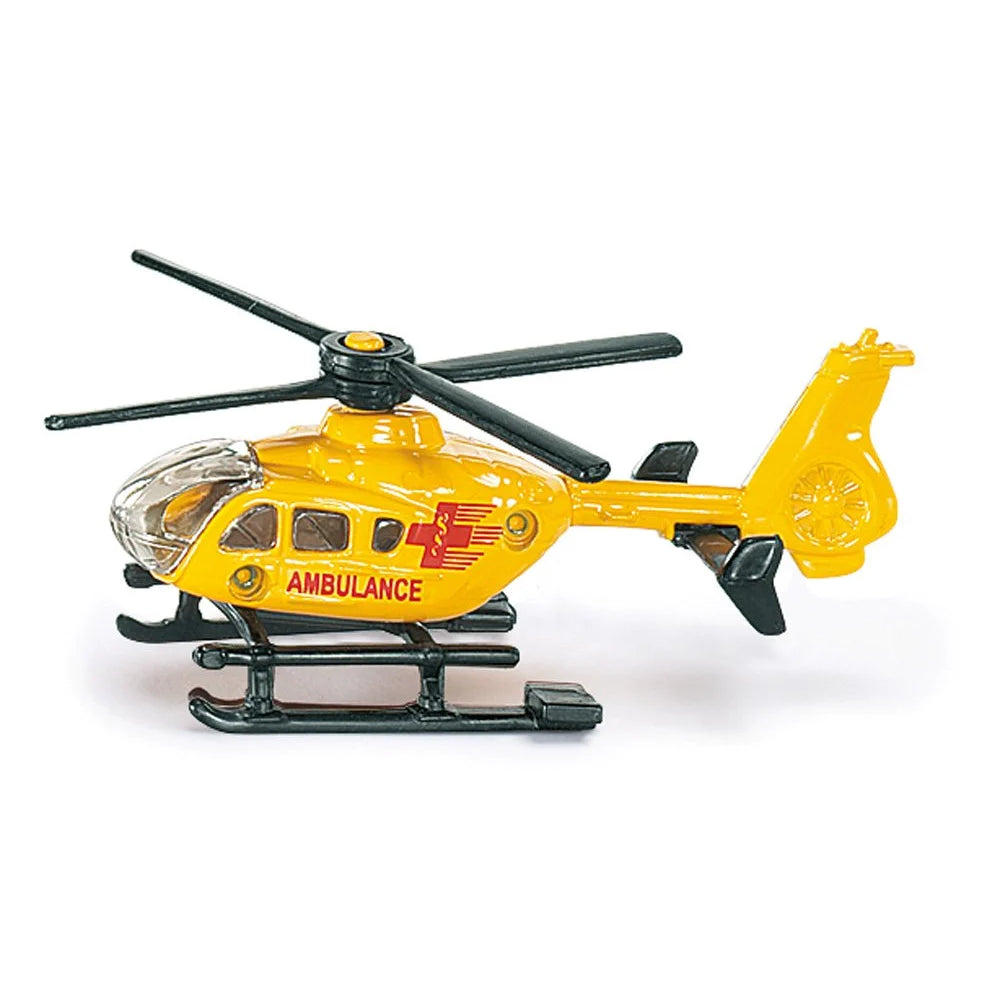 Miniatura SIKU Helicóptero de Emergência amarelo em metal fundido com hélices pretas e decalque "Ambulance".