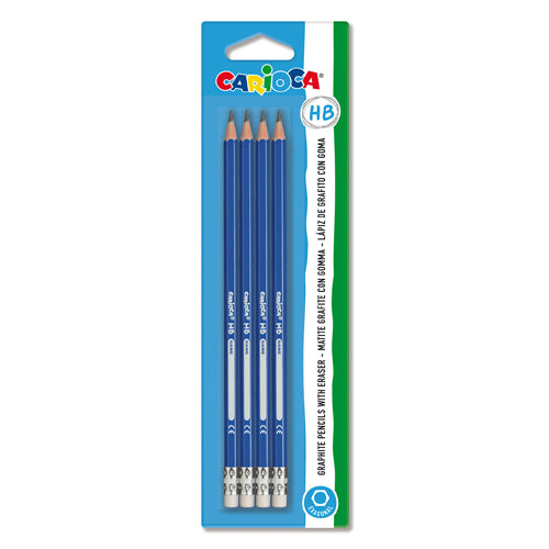 Embalagem da CARIOCA Caixa 4 lápis GRAFITE nº2/HB com borracha branca integrada, ideal para material escolar e de escritório.