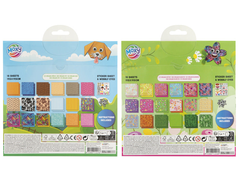 Verso das embalagens dos kits de origami Animals e Flowers, mostrando as 18 folhas de papel em diferentes padrões e texturas, e a folha de autocolantes e olhos.