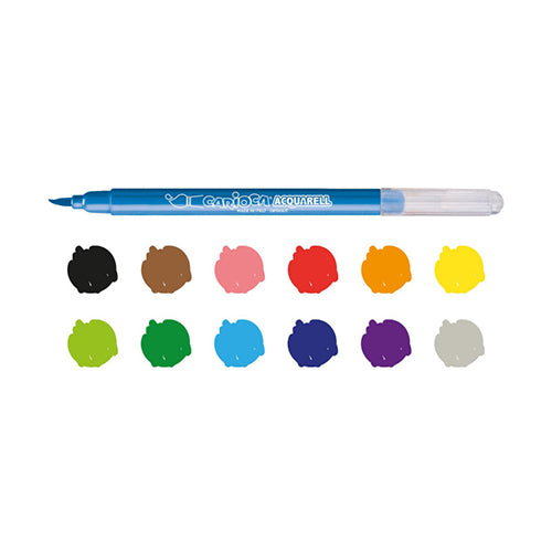 Um marcador Carioca Aquarell azul e amostras das 12 cores sortidas em formato de gota, demonstrando a variedade da paleta.