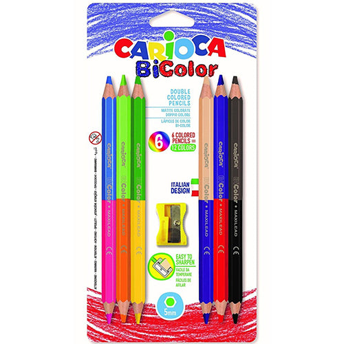 Conjunto de 6 lápis de cor Carioca Bicolor com 12 cores duplas e afia amarela incluída, em embalagem de cartão.