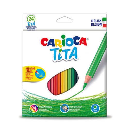 Embalagem frontal dos lápis de cor Carioca Tita 24 unidades, destacando resistência à queda, cores vibrantes e facilidade de afiar.