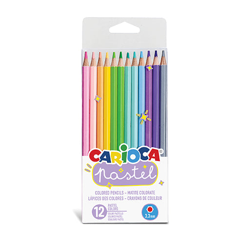 Caixa de 12 lápis de cor pastel Carioca, exibindo a gama de tons suaves e a mina de 3.3mm.