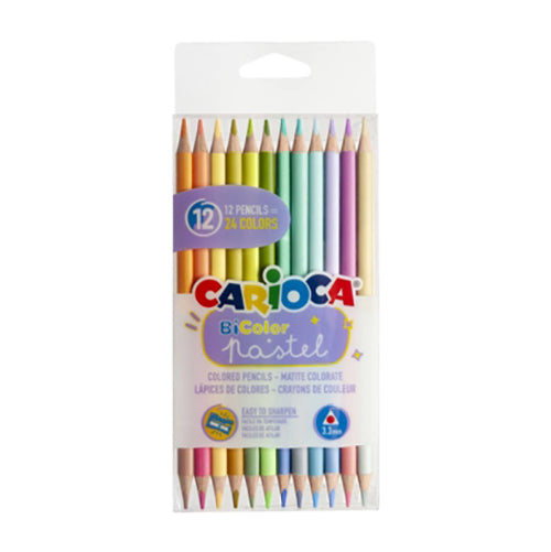 Embalagem dos lápis Carioca 12 Lápis de cores pastel Bicolor, mostrando 12 lápis de duas pontas em tons suaves e o logótipo da marca.