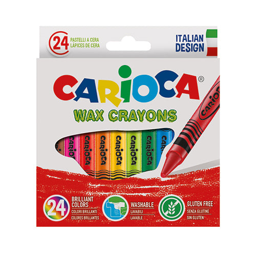 Caixa de 24 lápis de cera Carioca, com o logótipo da marca, um lápis vermelho a desenhar e ícones de cores brilhantes, lavável e sem glúten.