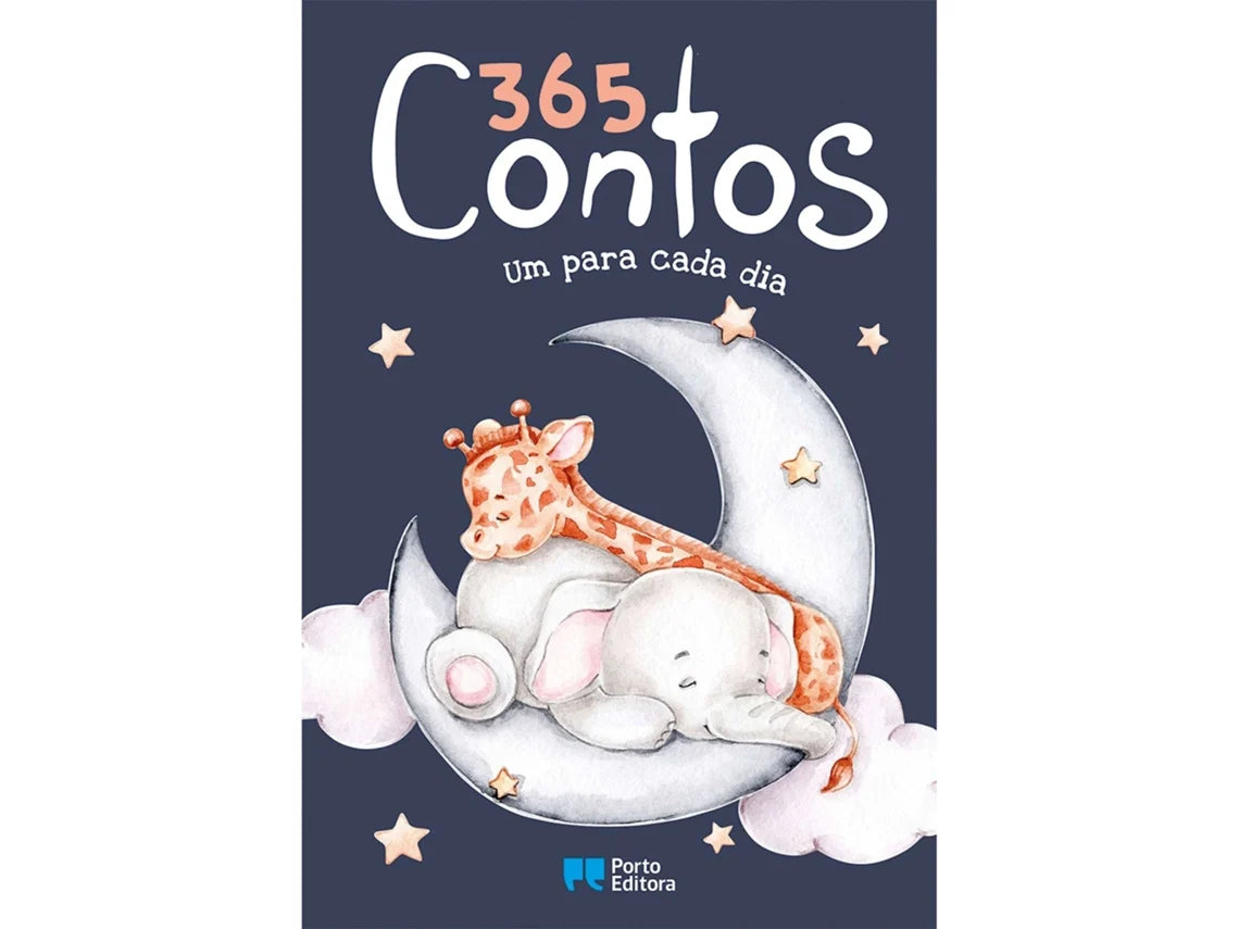 Capa do livro infantil "365 Contos Um para cada Dia" da Porto Editora, com um elefante e uma girafa a dormir numa lua crescente sobre um fundo azul escuro estrelado.