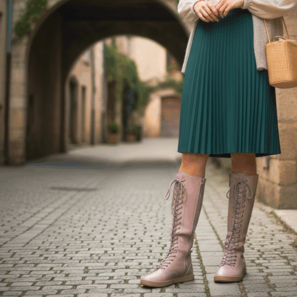 Mulher a usar as Botas Urbana barefoot para adulto da Baby Lobitos em cor nudé, combinadas com saia verde, numa rua de calçada.