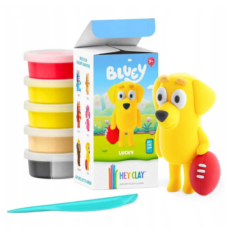 Conteúdo do HEY CLAY Conjunto de Pasta de Modelar Lucky, com a caixa, 5 latas de pasta, a figura modelada do Lucky e uma ferramenta de modelagem.