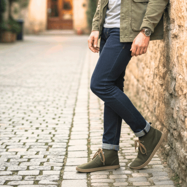 Um homem a usar as botas barefoot Baby Lobitos Adulto Militar verdes, encostado a uma parede de pedra numa rua de calçada.
