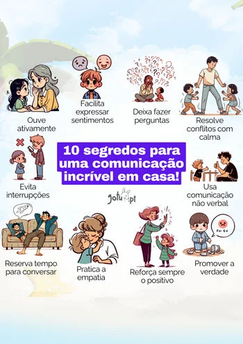 Poster educativo "10 Segredos para uma Comunicação Incrível em Casa" – Dicas para melhorar a comunicação familiar e criar um ambiente mais positivo e aberto.

