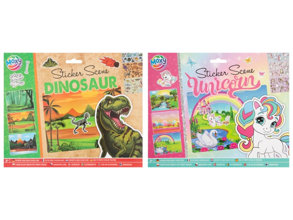 Embalagens lado a lado dos kits de autocolantes Moxy Sticker Scene, um com tema Dinossauro e outro com tema Unicórnio, mostrando os cenários e figuras.