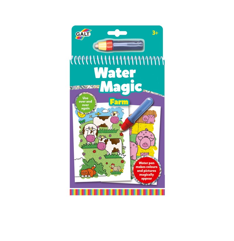 Embalagem do livro de colorir reutilizável Galt Water Magic com o tema Quinta, mostrando uma vaca e um porco.