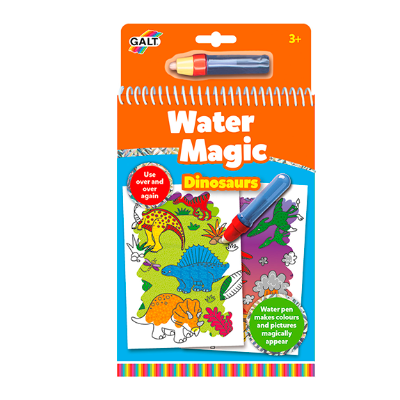 Embalagem do livro para pintar com água Galt Water Magic com o tema Dinossauros, exibindo um estegossauro e um tiranossauro.