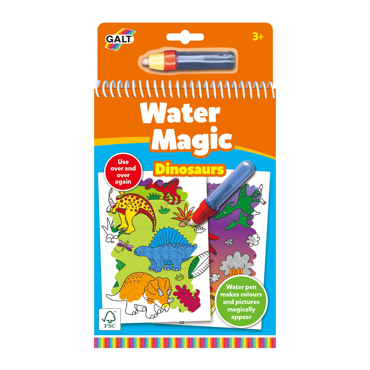 Frente da embalagem do livro Galt Water Magic Dinossauros para pintar com água, com a caneta incluída