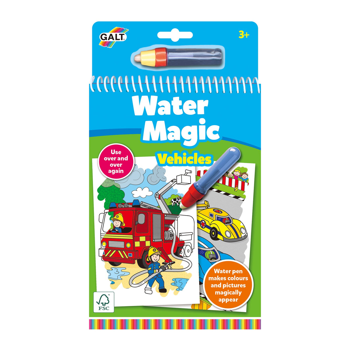Frente da embalagem do livro Galt Water Magic Veículos para pintar com água, com a caneta incluída