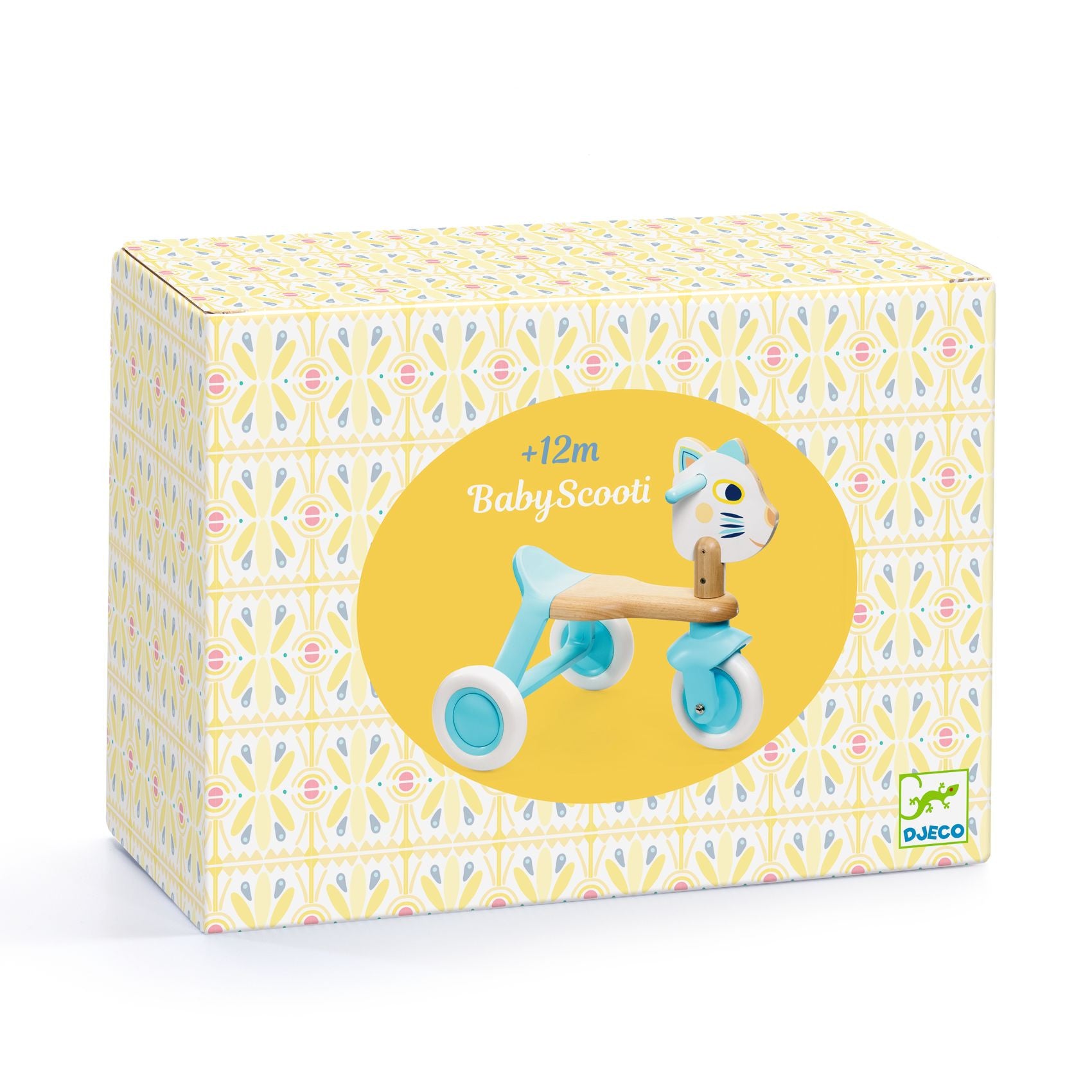 Embalagem do triciclo Djeco BabyScooti Gatinho, com imagem do produto e indicação "+12m".
