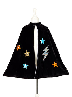 Capa de super-herói da Souza, veludo preto com estrelas e relâmpago prateado