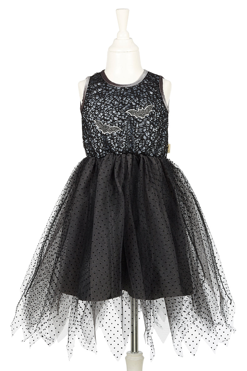 Vestido de bruxa Mathilde da Souza, preto com morcego prateado e saia de tule