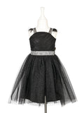 Vestido Julietta da Souza, preto com tule brilhante e cinto prateado