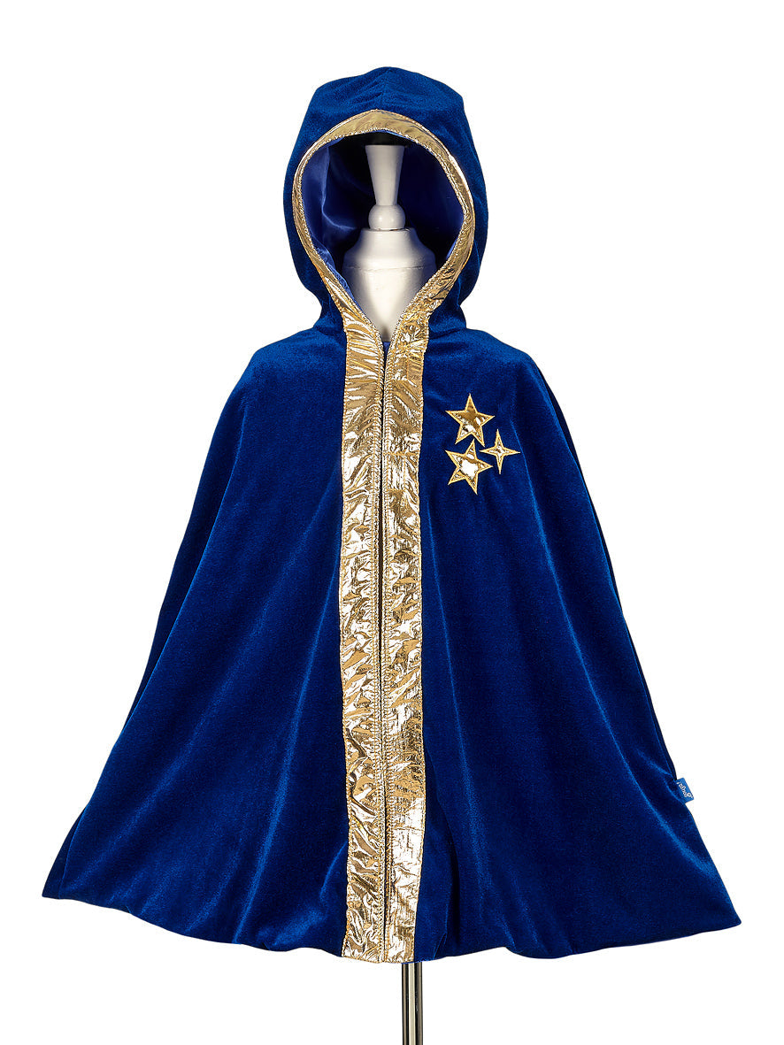 Capa de mágico Wilfred da Souza, veludo azul com capuz e galão dourado