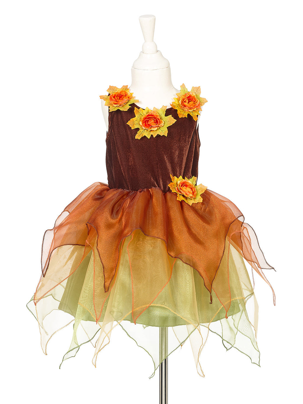 Conjunto Sabrina da Souza, vestido de veludo castanho com saia laranja e verde