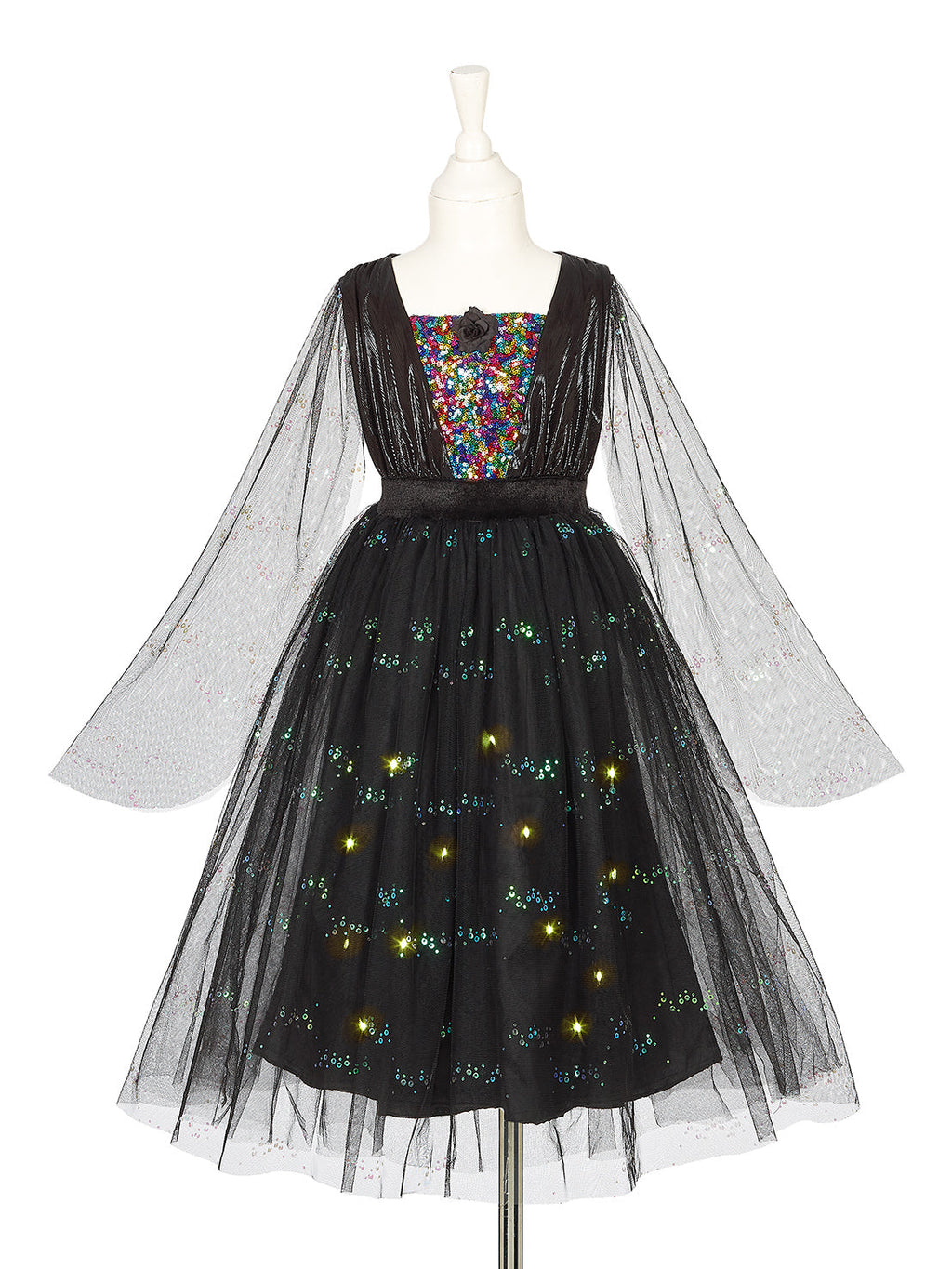 Vestido de bruxa Agatha da Souza, preto com corpete de lantejoulas e luzes na saia