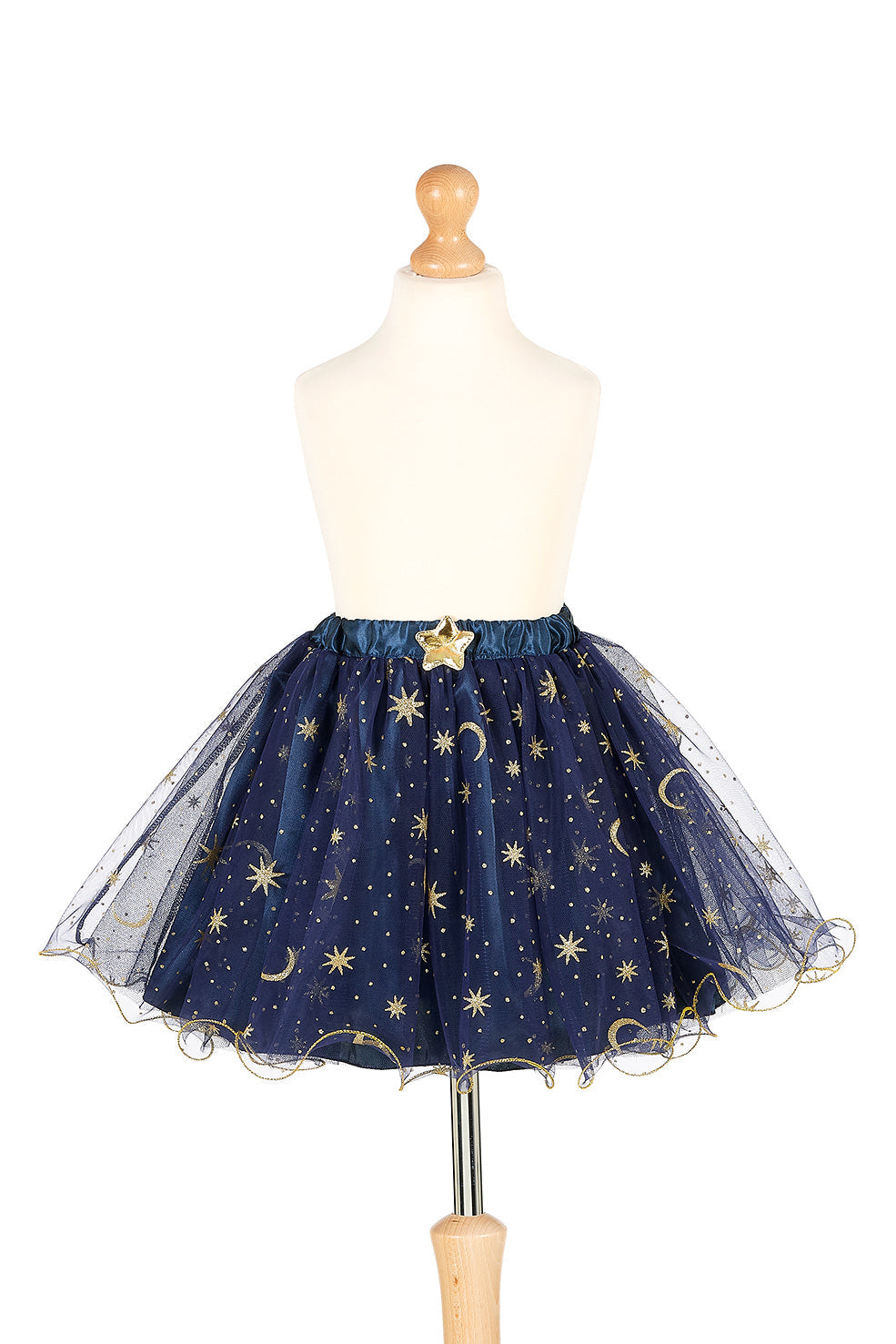 Saia Mélusine da Souza em tule azul com luas e estrelas douradas