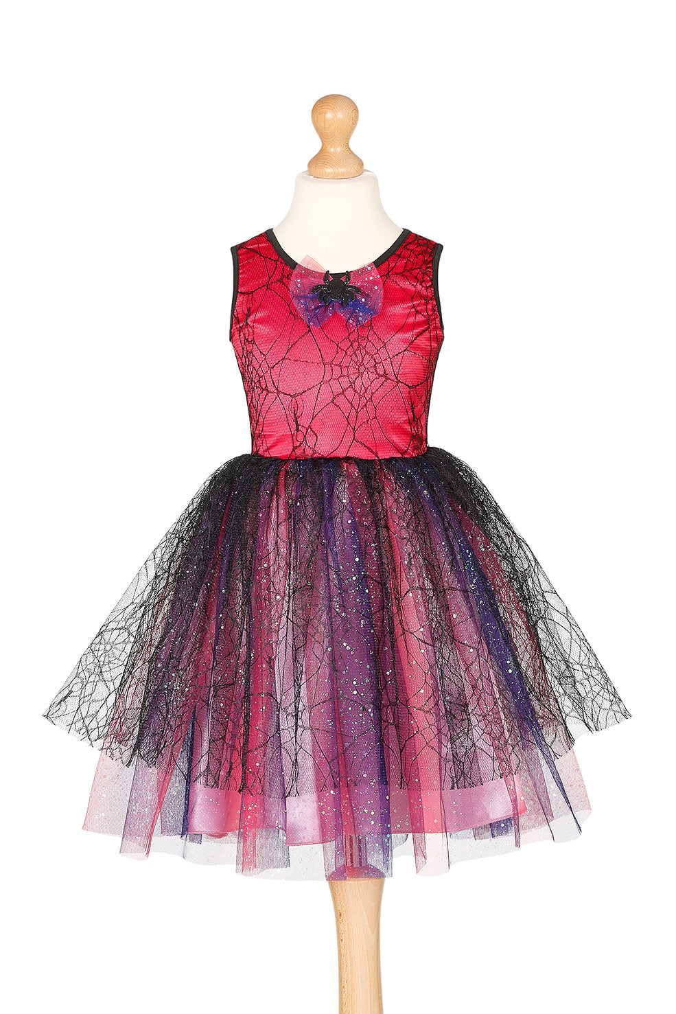 Vestido Ornella da Souza com corpete rosa de teias e saia de tule preto e rosa