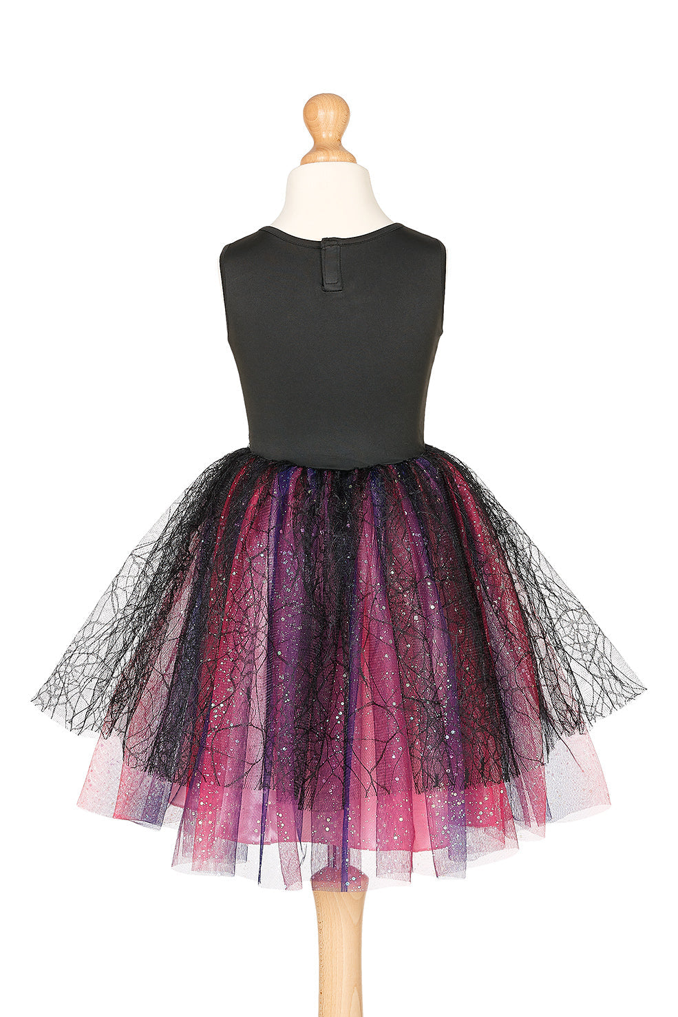 Costas do vestido Ornella, corpete preto e saia de tule com brilho