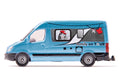 Miniatura SIKU Campervan azul metalizada vista lateral com gráficos de viagem e "family on TOUR".