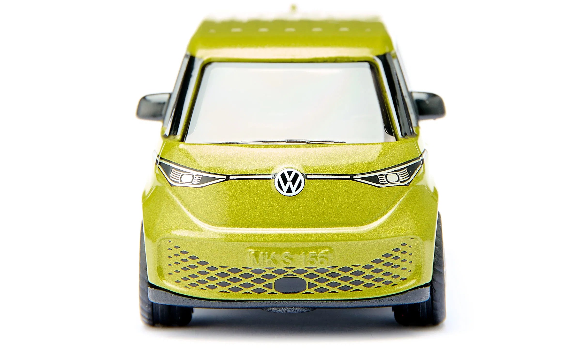 Vista frontal da miniatura SIKU VW Buzz, focando a grelha moderna, os faróis e o emblema da Volkswagen no centro.